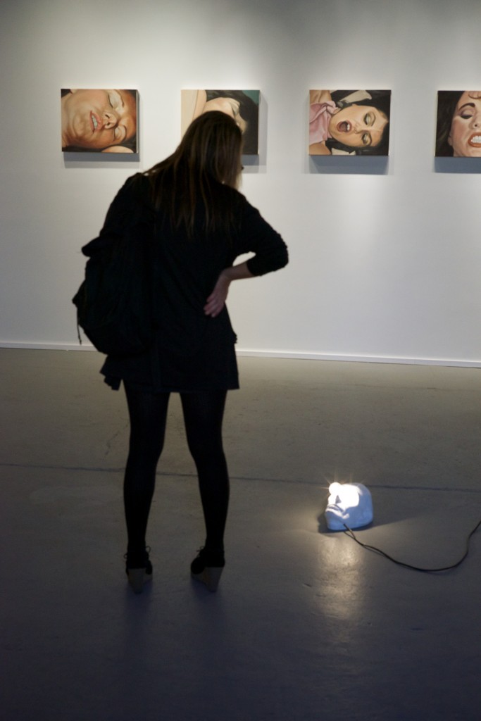 Artist Jessie Stead with work by Luisa Kazanas and Alexandra Rubinstein at PROTO Gallery during the PAGEANT opening reception